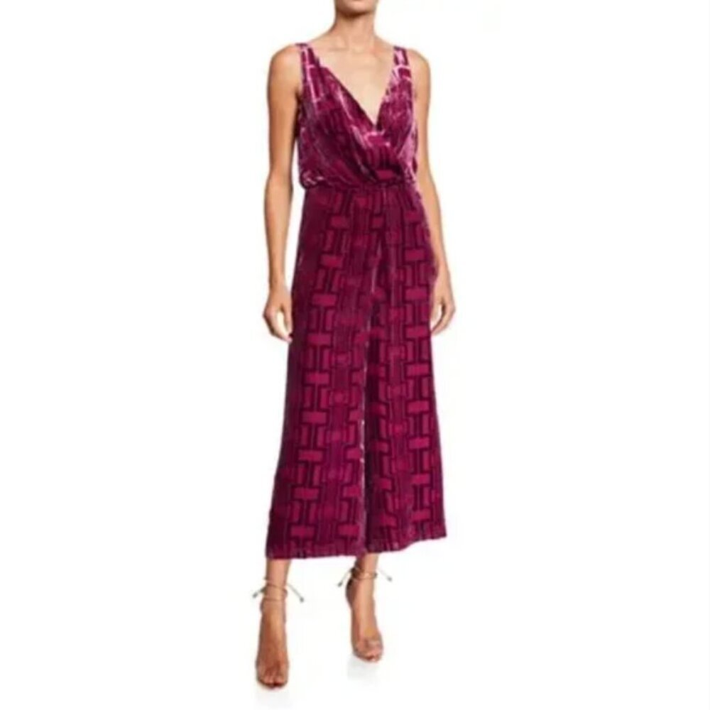 NWT Trina Turk Sauvignon Burnout Geometric Patterned Purple Velvet Jumpsuit 8